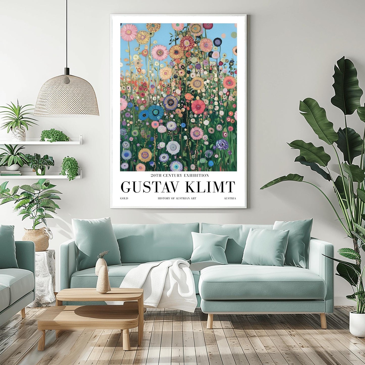 A vertical museum exhibition poster in the style of Gustav Klimt. A dense field of colorful, stylized wildflowers in pink, blue, and orange reaches upward toward a light blue sky filled with golden orbs. Each flower is detailed with mosaic patterns and gold leaf. Bold black text at the bottom reads "GUSTAV KLIMT" and "HISTORY OF AUSTRIAN ART."