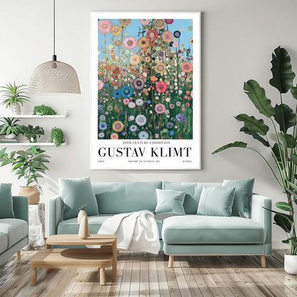 A vertical museum exhibition poster in the style of Gustav Klimt. A dense field of colorful, stylized wildflowers in pink, blue, and orange reaches upward toward a light blue sky filled with golden orbs. Each flower is detailed with mosaic patterns and gold leaf. Bold black text at the bottom reads "GUSTAV KLIMT" and "HISTORY OF AUSTRIAN ART."