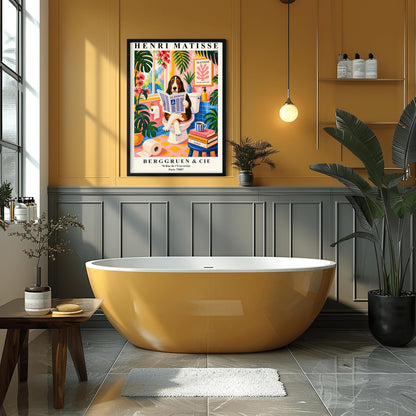 A vertical maximalist art print designed as a Henri Matisse exhibition poster. A brown, black, and white Basset Hound is sitting on a white toilet with its legs crossed, holding and reading a newspaper titled "Le Journal." The bathroom is vibrantly colored with pink walls, blue wall tiles, and a pink and yellow checkered floor. The room is filled with large green tropical plants and red flowers. A stack of art books and a striped mug sit on a blue stool.