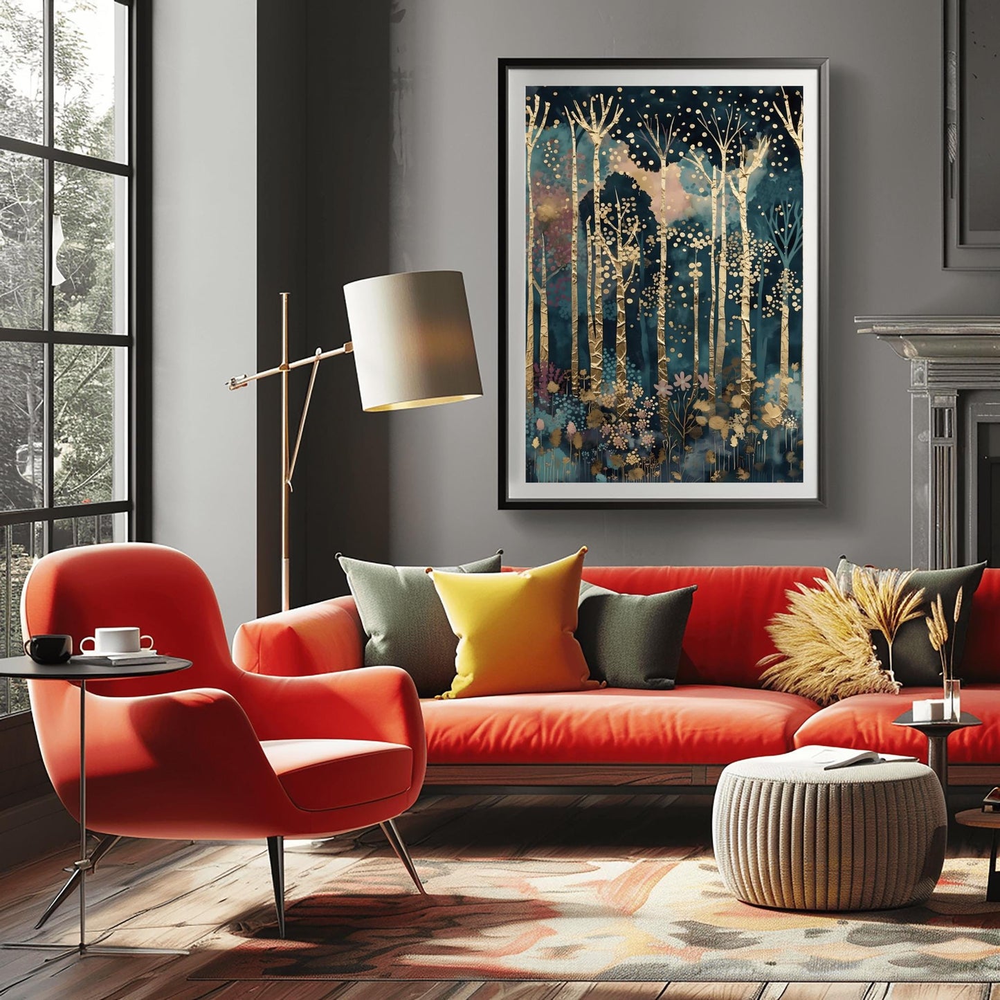 A vertical fine art painting in the style of Gustav Klimt. Tall, slender birch trees with heavy gold-leaf textures and dark geometric patterns rise against a dark teal and navy midnight sky. The sky is filled with floating golden orbs and stardust. At the bottom, a delicate layer of pink and blue stylized flowers grows among the roots. The overall mood is quiet, luxurious, and magical.