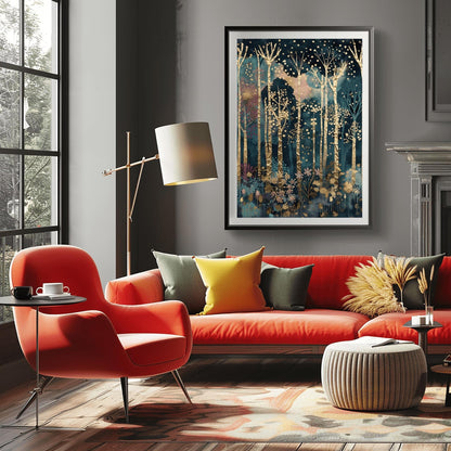 A vertical fine art painting in the style of Gustav Klimt. Tall, slender birch trees with heavy gold-leaf textures and dark geometric patterns rise against a dark teal and navy midnight sky. The sky is filled with floating golden orbs and stardust. At the bottom, a delicate layer of pink and blue stylized flowers grows among the roots. The overall mood is quiet, luxurious, and magical.