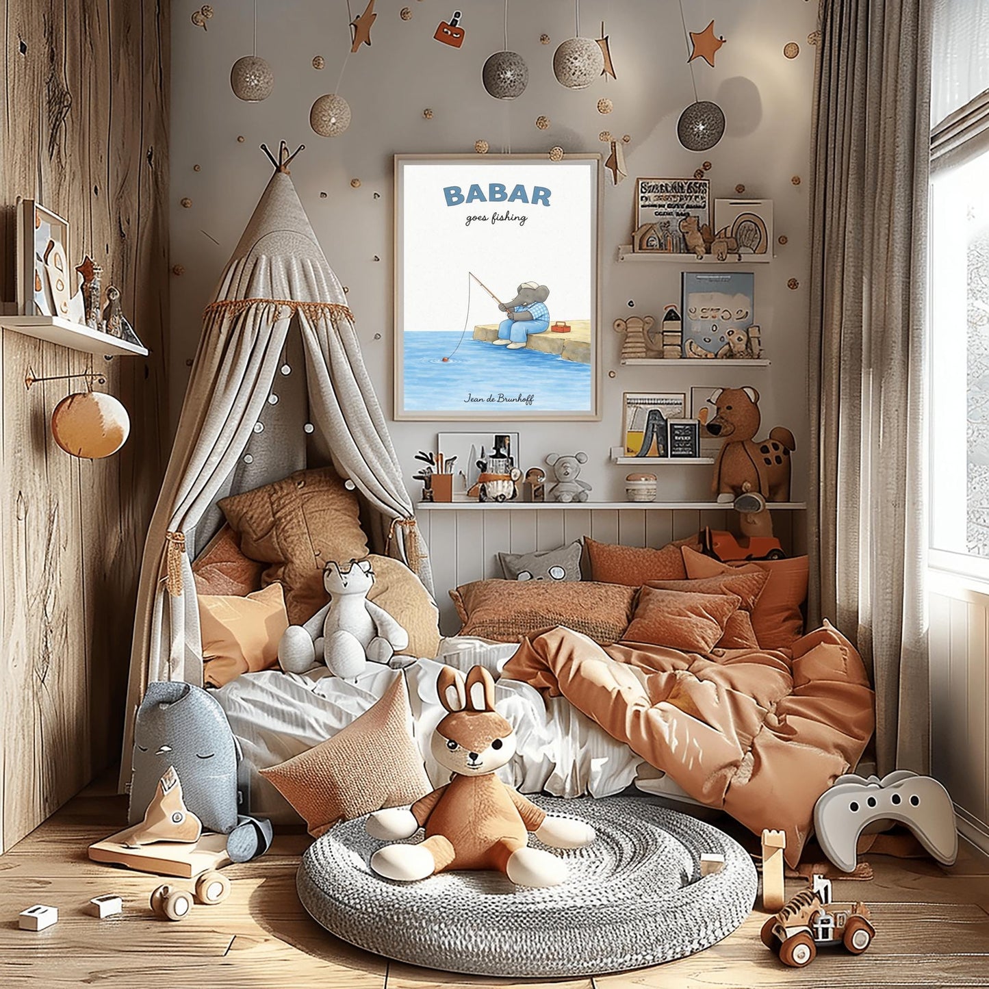 A vertical art print titled "BABAR goes fishing" in large blue letters. A grey elephant sits on a tan rocky pier overlooking blue water. He is wearing a blue and white checkered shirt, light blue overalls, and a white cap. He holds a thin fishing rod, and his line is in the water with a small red bobber. A red tackle box sits on the dock behind him. The name "Jean de Brunhoff" is at the bottom.
