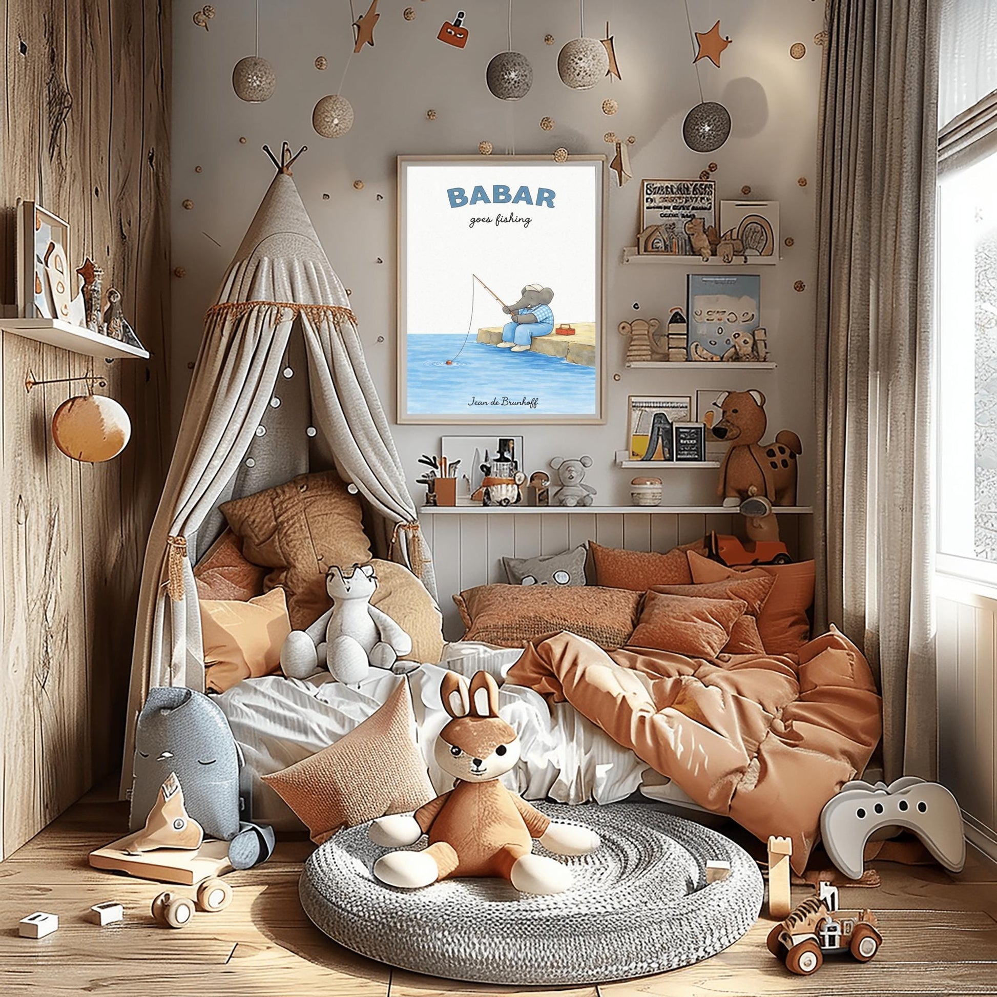A vertical art print titled "BABAR goes fishing" in large blue letters. A grey elephant sits on a tan rocky pier overlooking blue water. He is wearing a blue and white checkered shirt, light blue overalls, and a white cap. He holds a thin fishing rod, and his line is in the water with a small red bobber. A red tackle box sits on the dock behind him. The name "Jean de Brunhoff" is at the bottom.