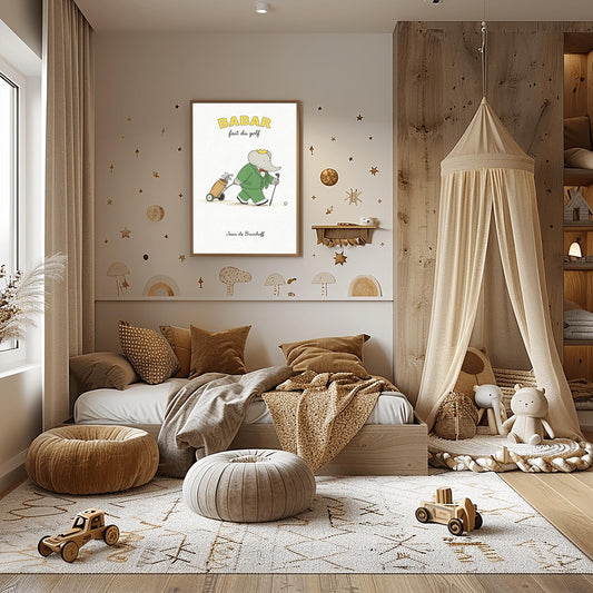 A vertical art print titled "BABAR fait du golf" in yellow letters. A grey elephant, Babar, is wearing a green suit, a red bow tie, and a gold crown. He is walking across a simple beige ground, holding a golf club and pulling a tan golf bag on a small two-wheeled cart. A single golf ball sits on the ground in front of him. The background is a minimalist off-white texture, and "Jean de Brunhoff" is written at the bottom.
