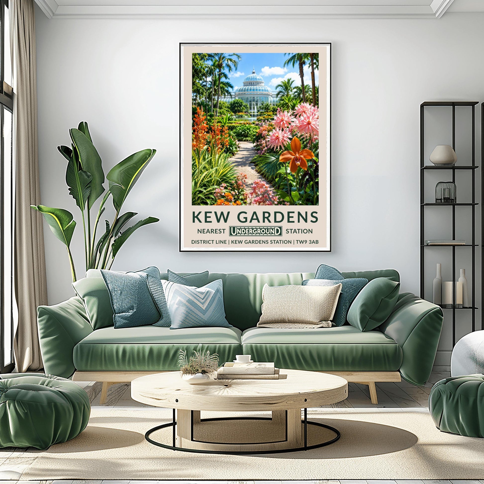 A vertical retro London Underground travel poster for Kew Gardens on a wide cream border. The top image shows a sun-drenched exterior view of the historic white iron-and-glass Palm House dome under a bright blue sky with light clouds. A stone path in the center is flanked by a lush tropical garden featuring towering palm trees, a large prominent orange orchid blossom on the right alongside spiky pink flowers, and tall orange torch lilies on the left.