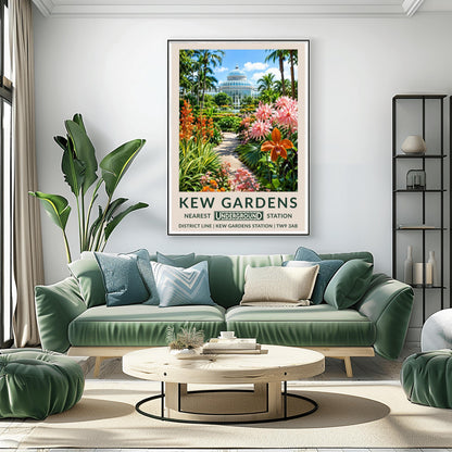 A vertical retro London Underground travel poster for Kew Gardens on a wide cream border. The top image shows a sun-drenched exterior view of the historic white iron-and-glass Palm House dome under a bright blue sky with light clouds. A stone path in the center is flanked by a lush tropical garden featuring towering palm trees, a large prominent orange orchid blossom on the right alongside spiky pink flowers, and tall orange torch lilies on the left.