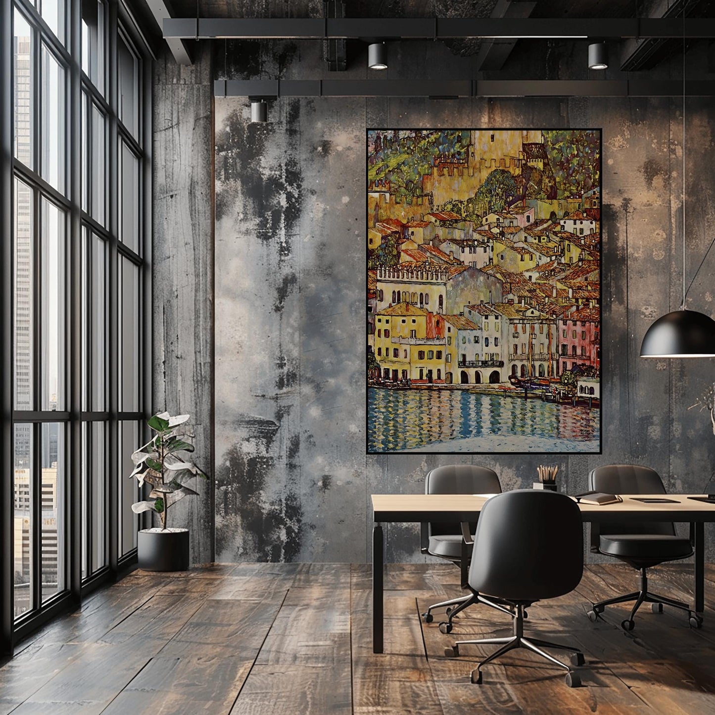 A vertical fine art reproduction of Gustav Klimt's "Malcesine on Lake Garda." The painting depicts a dense Italian village of colorful houses with red-tiled roofs nestled along a lake. A medieval castle stands on a hill above the town. The water in the foreground features vibrant blue and gold reflections. The style is a decorative, mosaic-like landscape typical of Klimt's later works.