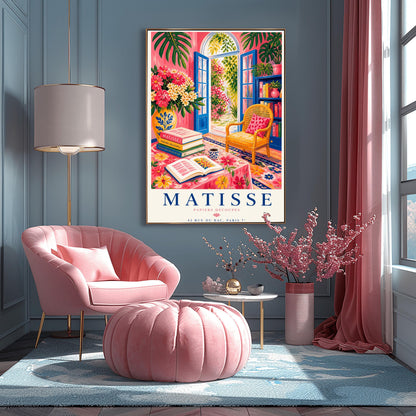 A vertical maximalist art print styled as a Henri Matisse exhibition poster. The scene shows a vibrant interior reading room with hot pink walls and cobalt blue French doors open to a sunlit garden. A yellow cane chair sits next to a bookshelf. In the foreground, a table covered in a pink floral cloth holds a stack of art books, an open book, and a blue coffee mug. Large monstera leaves and various flowers frame the room. Bold black and red text at the bottom reads "MATISSE PAPIERS DÉCOUPÉS"