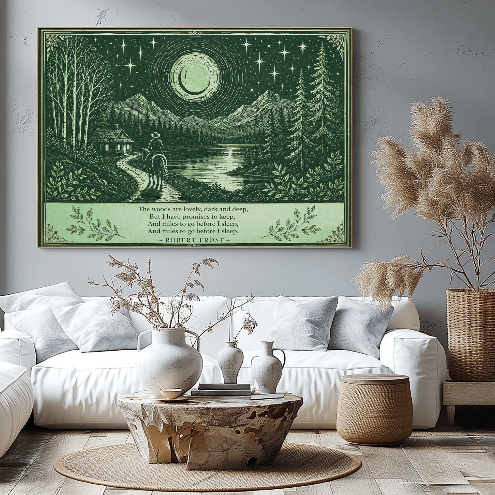 Robert Frost Art, Poetry Wall Decor, Woodcut Landscape, Dark Green Art, Mountain Lake Print, Literature Gift, Snowy Evening Poem, Rustic Home Decor, Celestial Art, Horseback Rider, Starry Night Sky, Cabin in Woods, Vintage Style Poster.