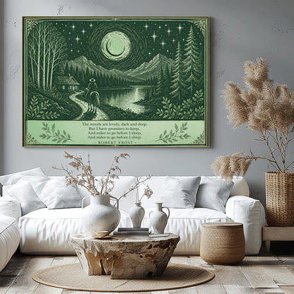 Robert Frost Art, Poetry Wall Decor, Woodcut Landscape, Dark Green Art, Mountain Lake Print, Literature Gift, Snowy Evening Poem, Rustic Home Decor, Celestial Art, Horseback Rider, Starry Night Sky, Cabin in Woods, Vintage Style Poster.