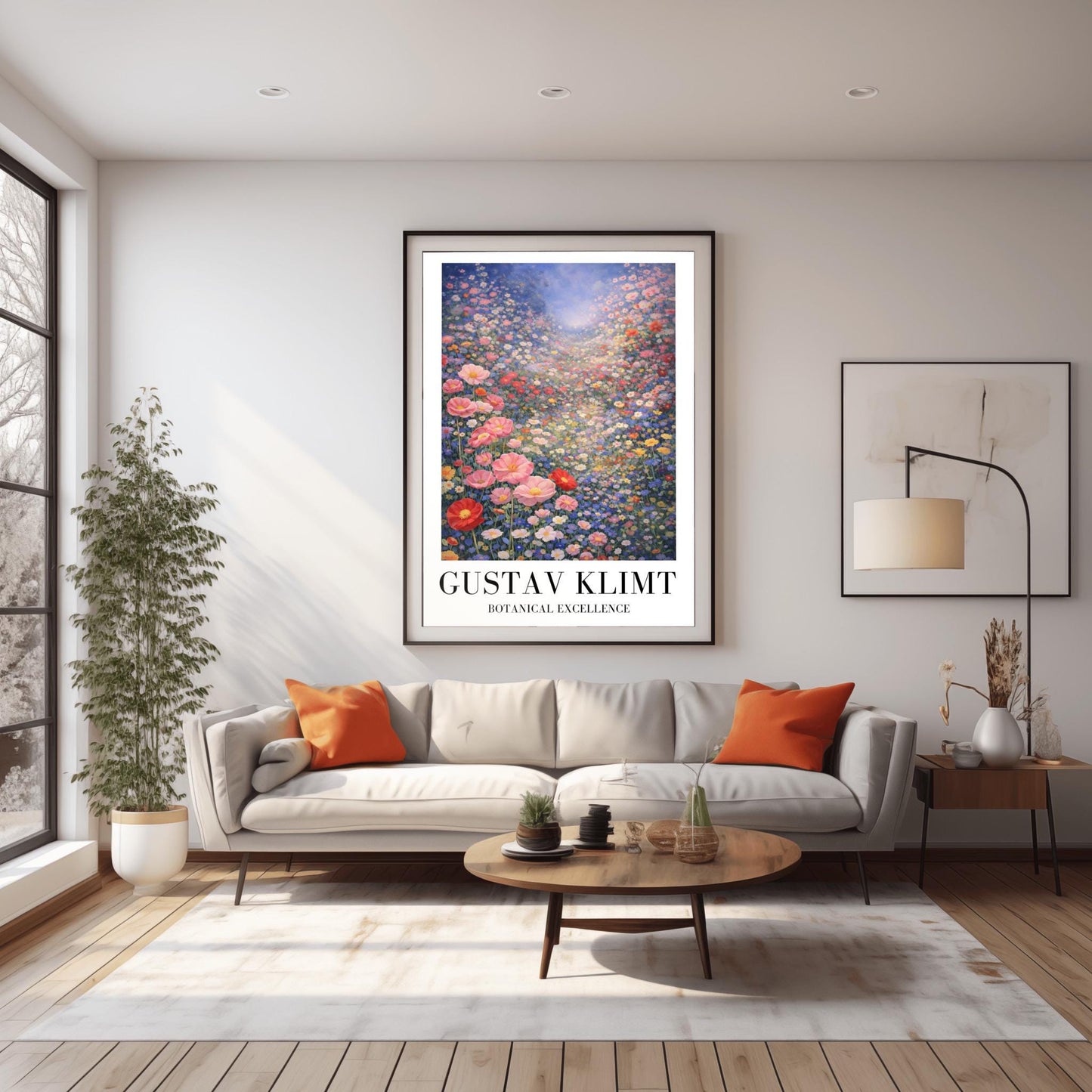 A vertical fine art landscape in the style of Gustav Klimt. A vast valley is filled with a dense sea of pink, red, blue, and white wildflowers. Large pink poppies are in the foreground, and the field stretches back to a hazy, sun-drenched horizon under a soft blue sky.