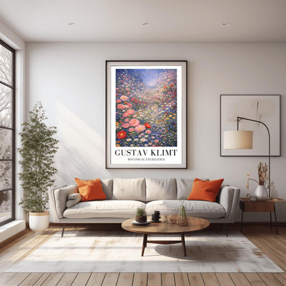 A vertical fine art landscape in the style of Gustav Klimt. A vast valley is filled with a dense sea of pink, red, blue, and white wildflowers. Large pink poppies are in the foreground, and the field stretches back to a hazy, sun-drenched horizon under a soft blue sky.
