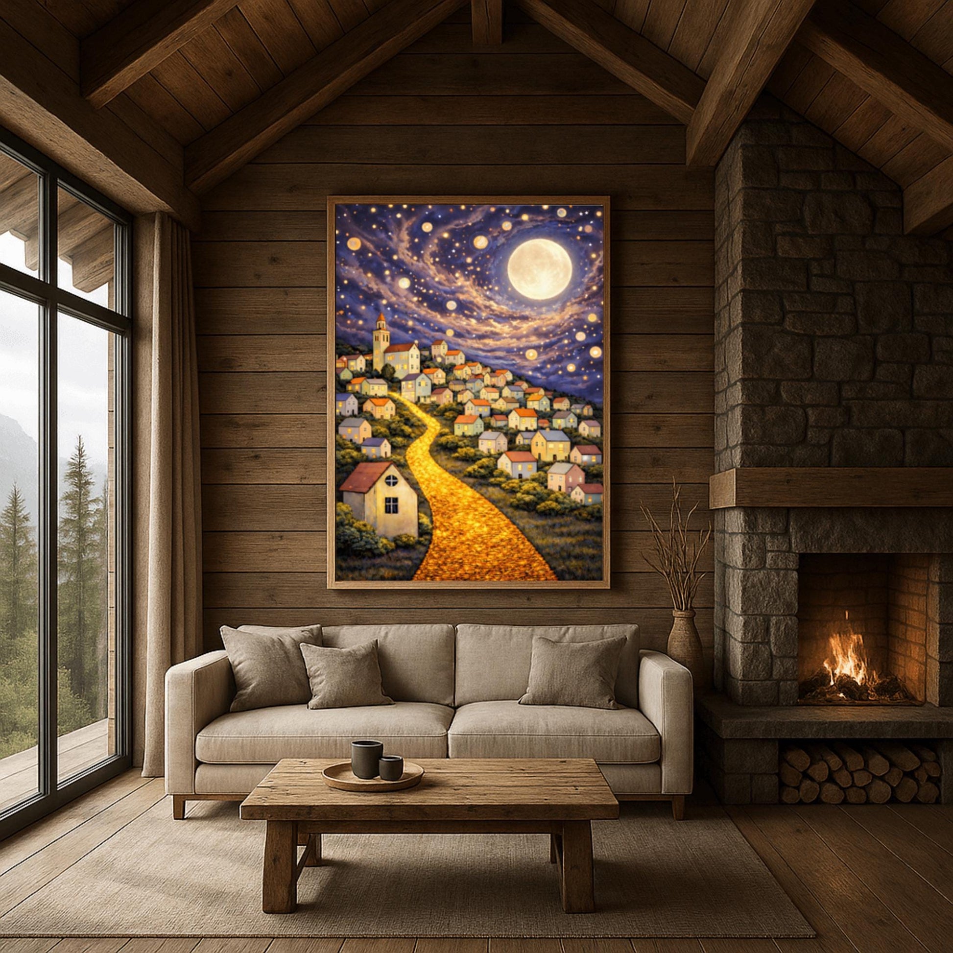 A vertical fine art print in the style of Gustav Klimt. A glowing road made of golden cobblestones winds up a steep hillside filled with small, charming houses. A massive, luminous full moon hangs in a purple and blue sky filled with stars and golden floating orbs.