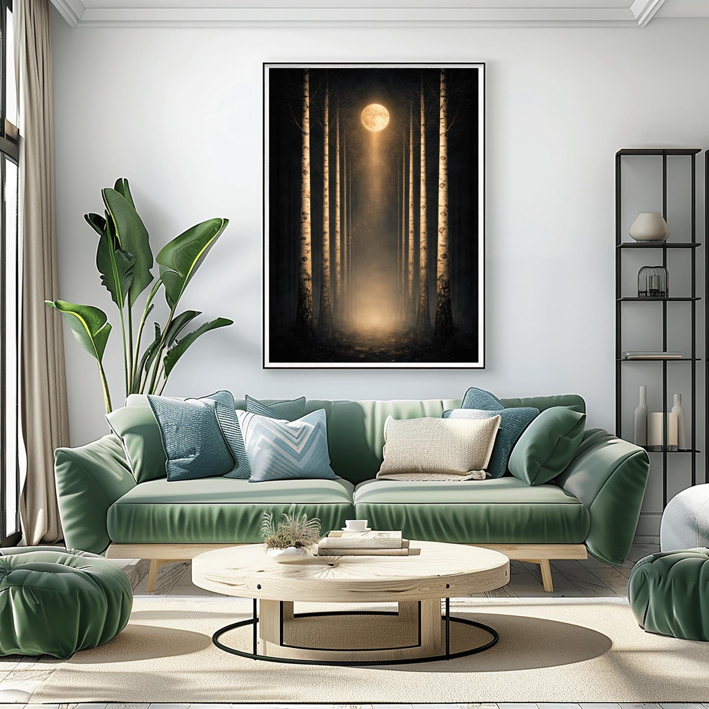 A vertical, perfectly symmetrical illustration of a birch forest at night. Three slender birch trees frame each side of a central path. A golden moon at the top center casts a beam of light downward onto a glowing forest floor. The trees feature intricate golden mosaic bark.