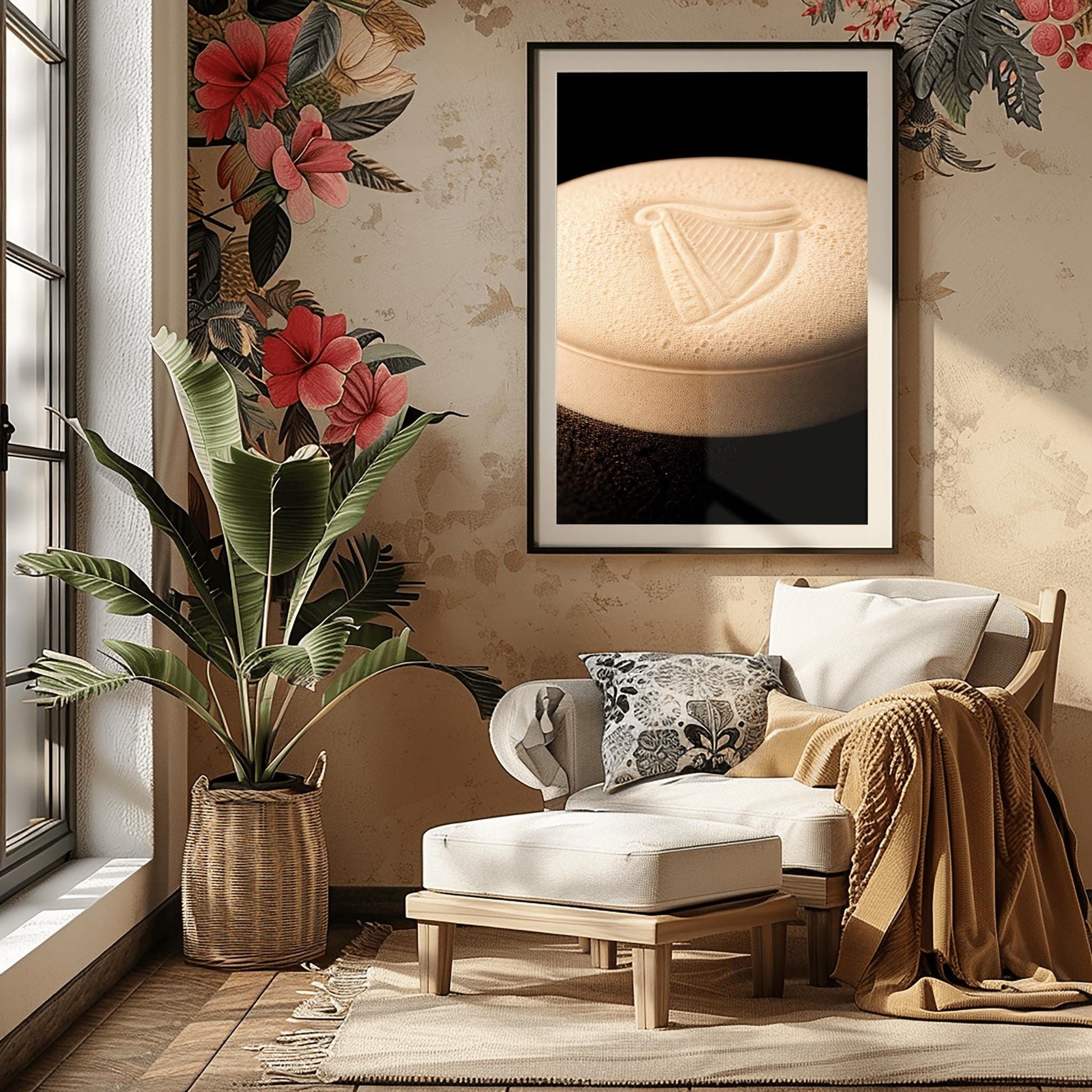 A vertical macro photograph of the thick, creamy foam head on a pint of Guinness. The iconic Guinness harp is embossed into the center of the velvety bubbles. The image features warm cream tones against a dark, shadowy background.