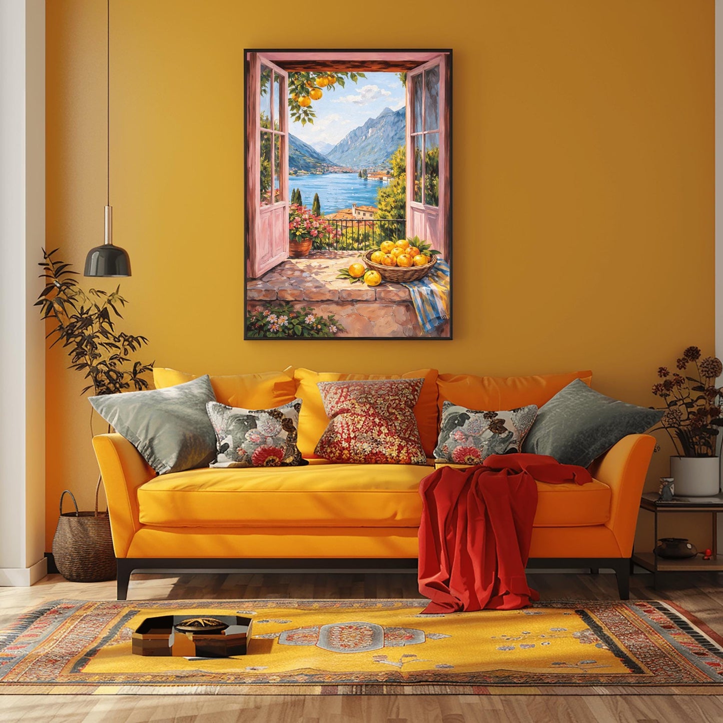 A vertical painterly illustration looking through open pink French doors onto a large blue lake surrounded by tall mountains. A woven basket of lemons sits on a stone ledge in the foreground next to a striped cloth and a pot of pink flowers.