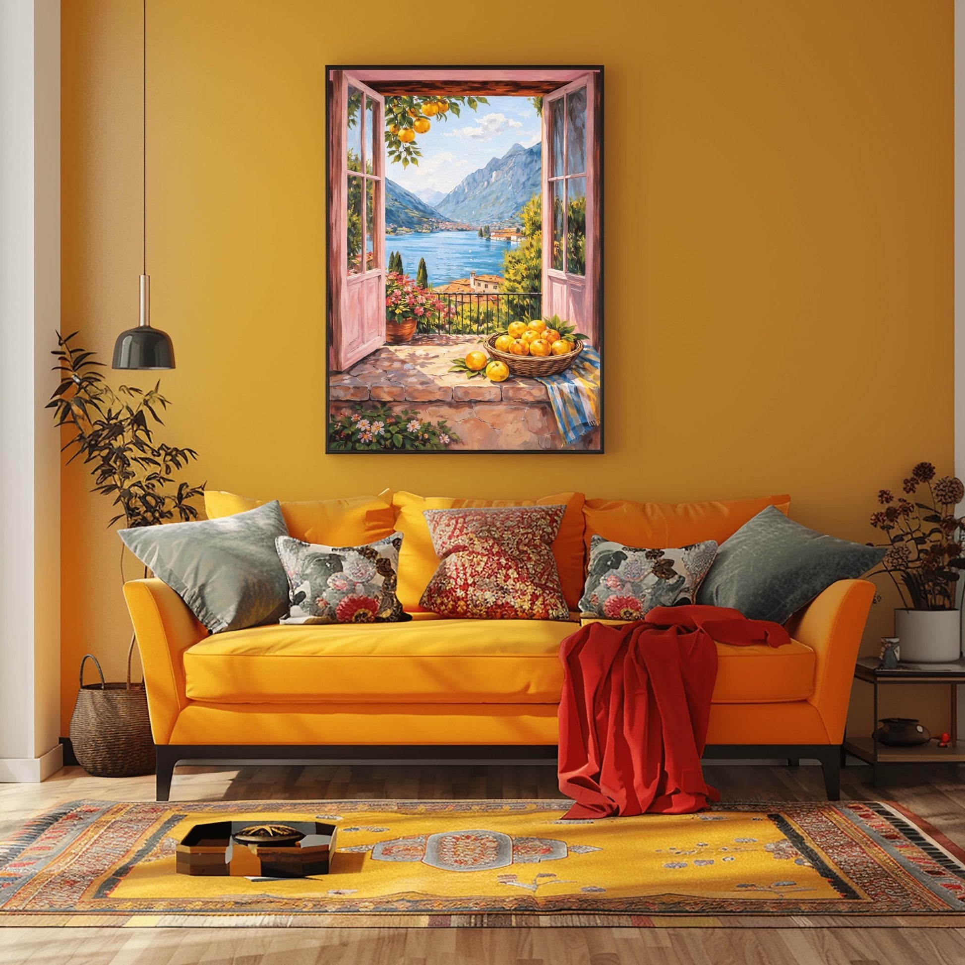 A vertical painterly illustration looking through open pink French doors onto a large blue lake surrounded by tall mountains. A woven basket of lemons sits on a stone ledge in the foreground next to a striped cloth and a pot of pink flowers.
