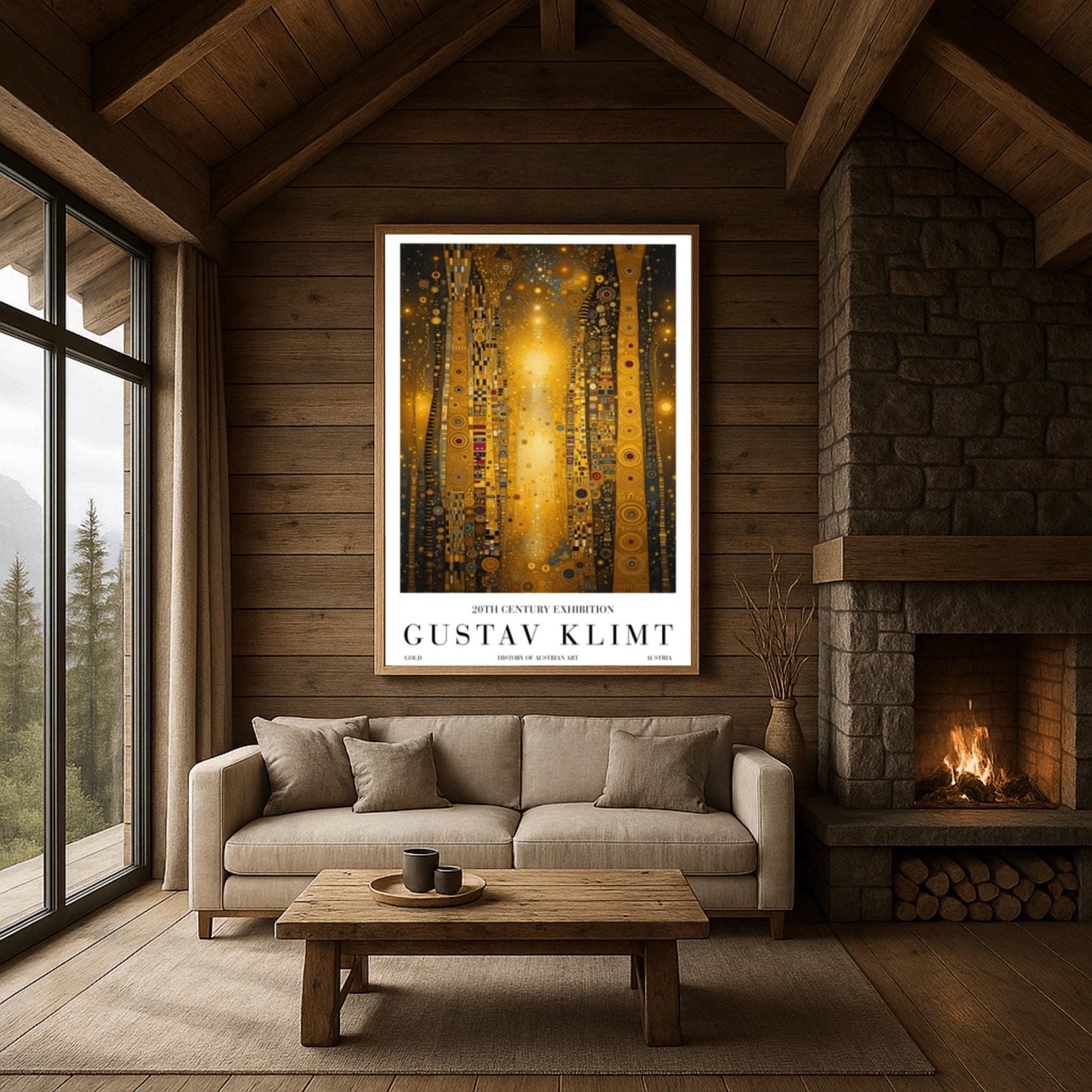 A vertical abstract painting in the style of Gustav Klimt. Several tall, narrow pillars filled with gold leaf textures and geometric patterns (circles, spirals, and squares) rise against a dark background filled with golden stardust. A central column of bright, shimmering light anchors the composition. The colors include brilliant gold, ochre, black, and touches of deep red and blue.