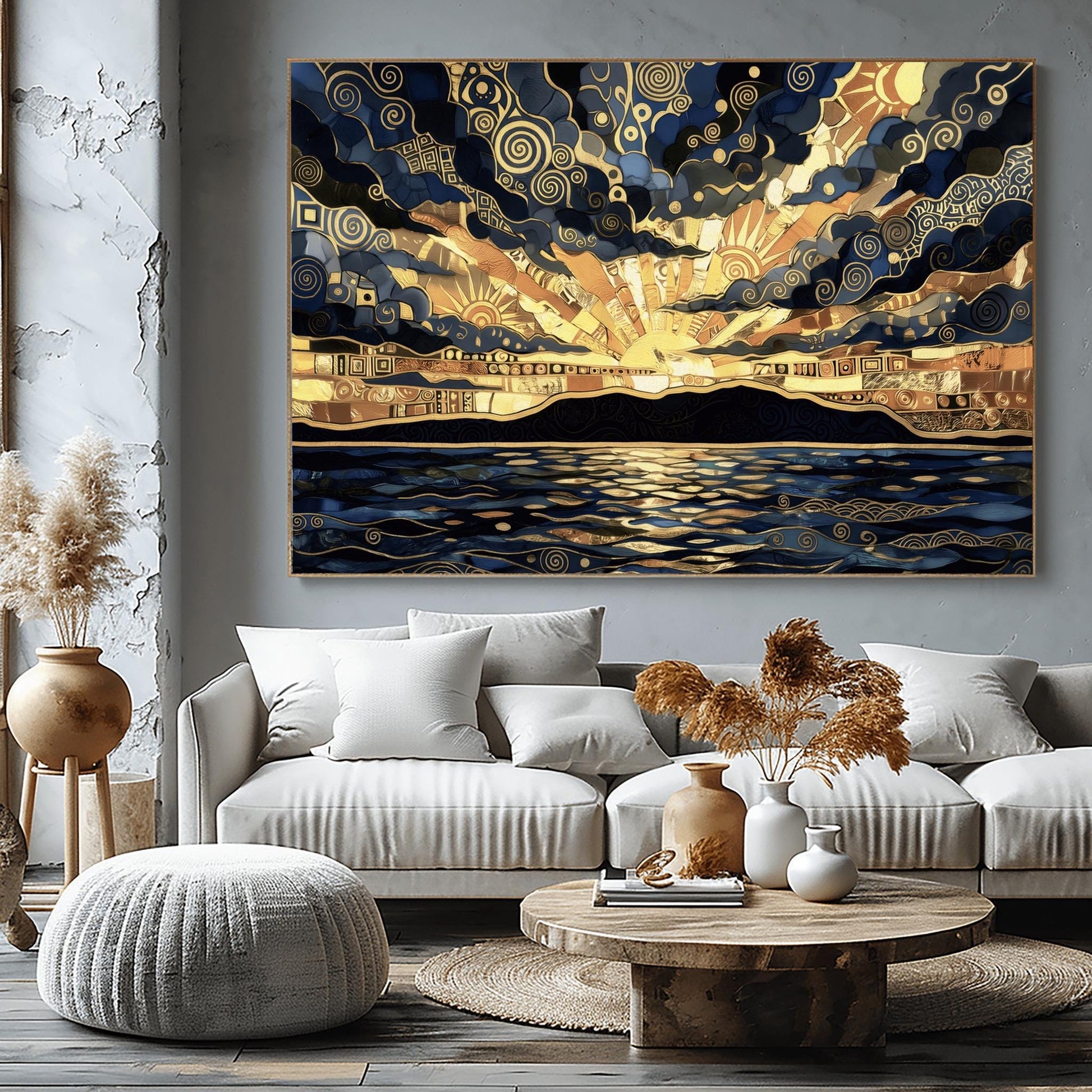A horizontal fine art print in the style of Gustav Klimt. A golden sun sets behind a black mountain silhouette over a dark blue sea. The sky and water are filled with intricate gold leaf spirals, mosaic patterns, and geometric shapes. The color palette is a high-contrast blend of deep navy, charcoal, and radiant gold.