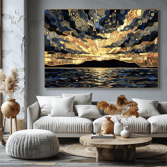 A horizontal fine art print in the style of Gustav Klimt. A golden sun sets behind a black mountain silhouette over a dark blue sea. The sky and water are filled with intricate gold leaf spirals, mosaic patterns, and geometric shapes. The color palette is a high-contrast blend of deep navy, charcoal, and radiant gold.