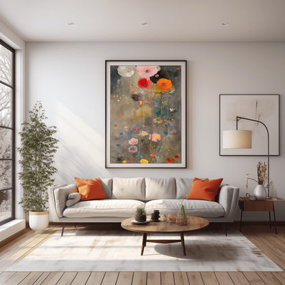 A vertical oil painting in the style of Gustav Klimt with an ethereal, muted twist. A cluster of large, soft-petaled poppies in coral, pink, and white rise from the bottom against a moody, textured grey and gold background. The painting features subtle splatters and impressionist brushwork, creating a dreamy, atmospheric garden scene.