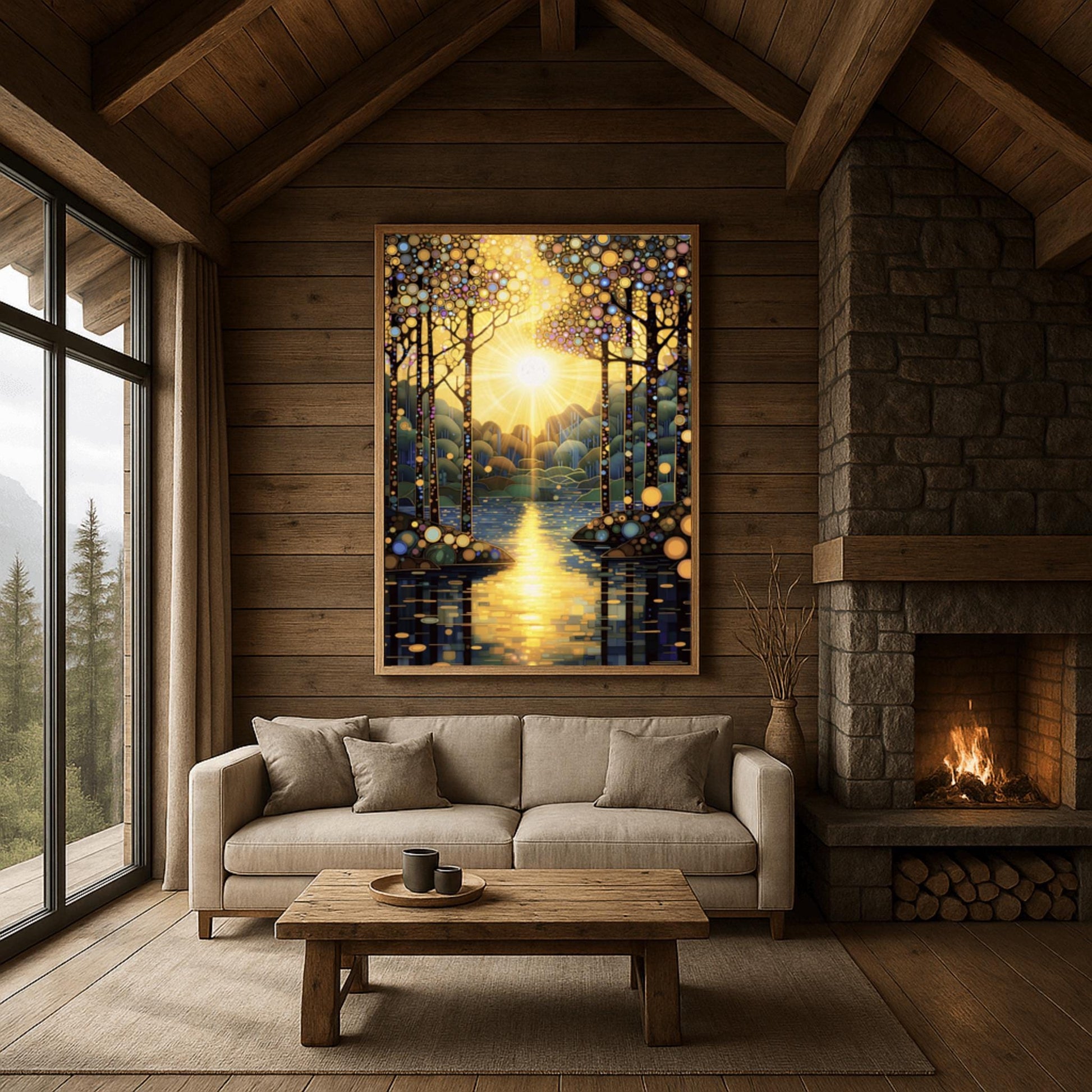A vertical fine art painting in the style of Gustav Klimt. A brilliant sun is centered in the sky, emitting golden rays that look like stained glass panes. Slender trees with colorful mosaic patterns on their bark frame a calm lake. The water reflects the golden sun in a series of horizontal mosaic tiles. The overall palette is brilliant gold, warm amber, and deep teal.