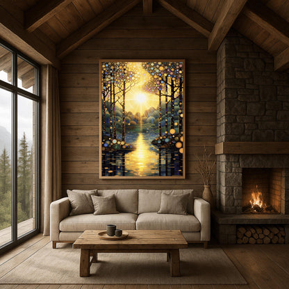 A vertical fine art painting in the style of Gustav Klimt. A brilliant sun is centered in the sky, emitting golden rays that look like stained glass panes. Slender trees with colorful mosaic patterns on their bark frame a calm lake. The water reflects the golden sun in a series of horizontal mosaic tiles. The overall palette is brilliant gold, warm amber, and deep teal.