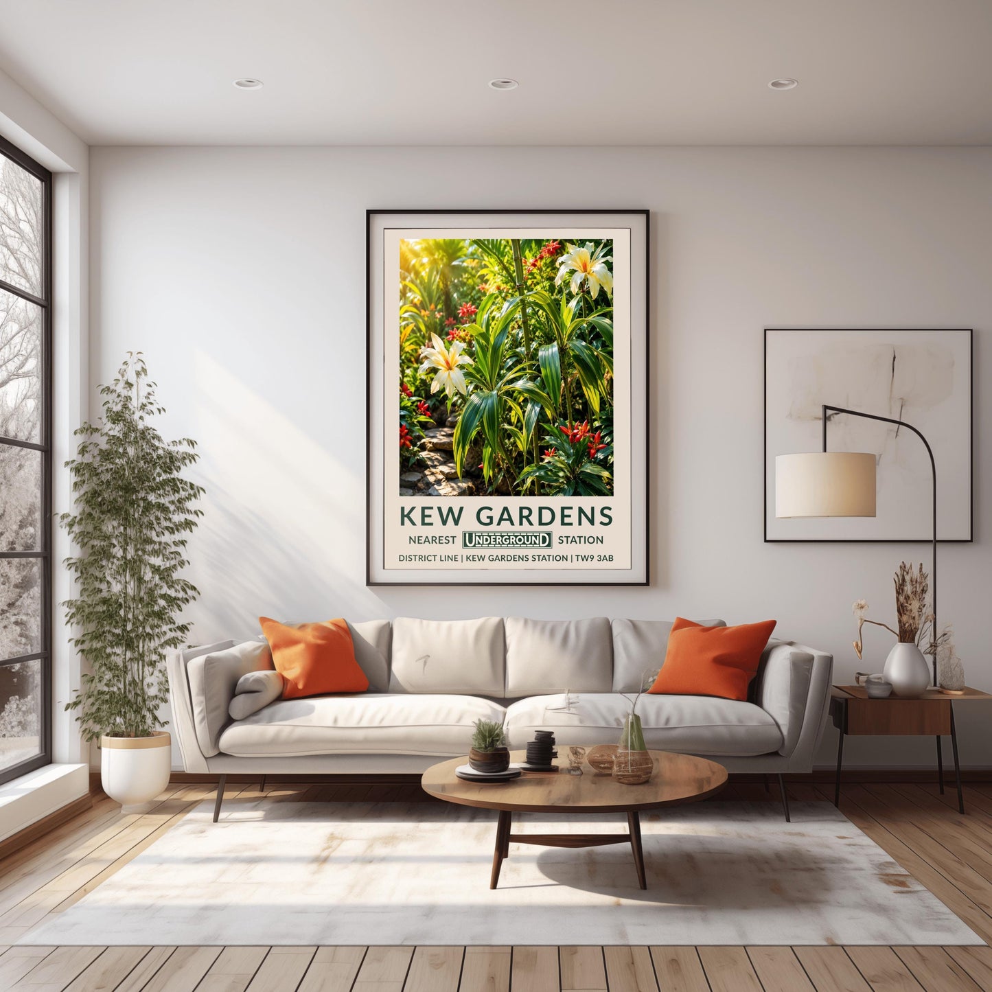 A vertical retro London Underground travel poster for Kew Gardens on a wide cream border. The top image shows a lush, sun-drenched illustration of a tropical jungle interior. In the foreground are large variegated green-and-yellow striped leaves and green bamboo stalks, accented by two large, cream-colored lilies with yellow and orange centers. Small, pointed crimson red flowers are scattered throughout the dense greenery, and a stepping-stone path is visible on the lower left.