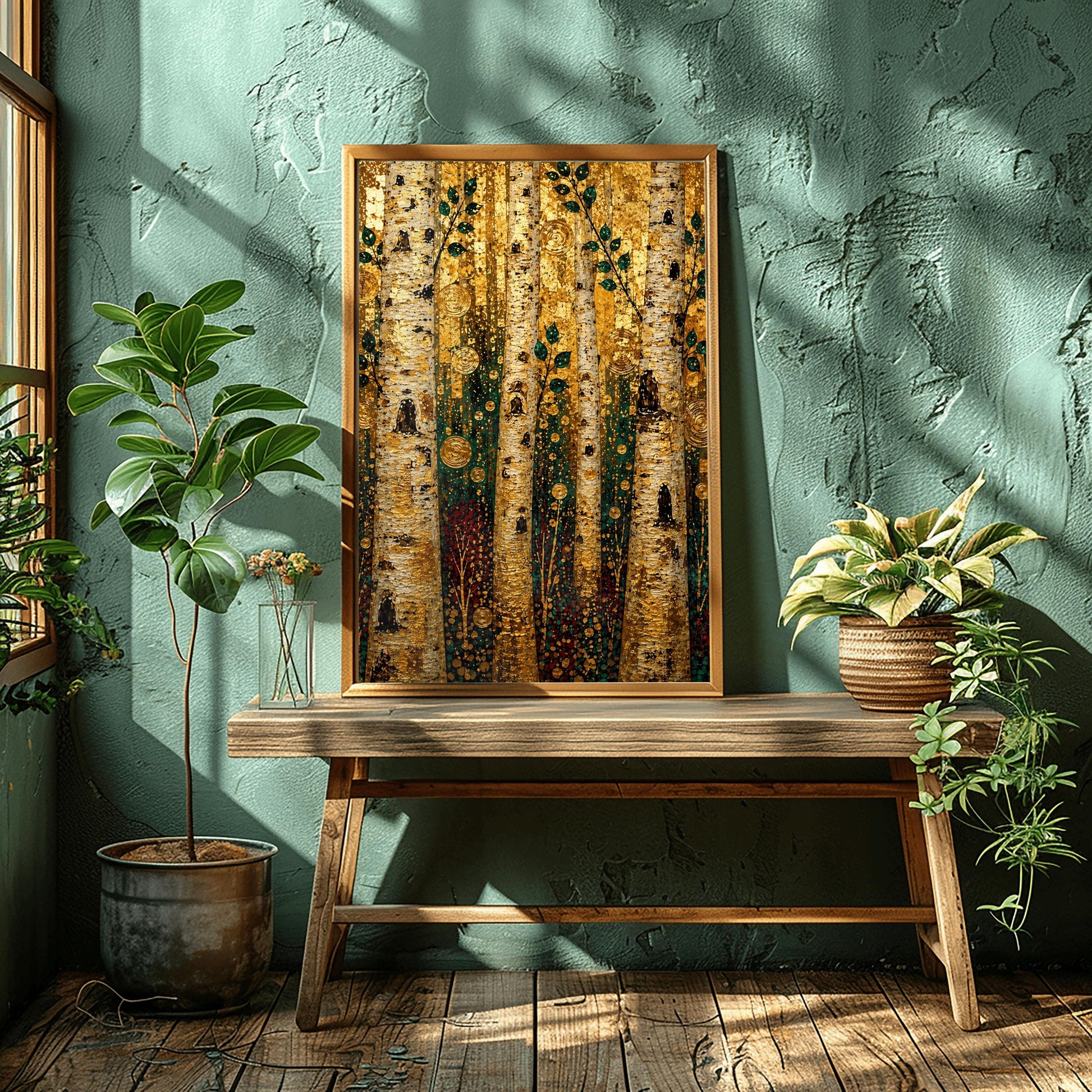 A vertical fine art print in the style of Gustav Klimt featuring a dense forest of birch trees. The thick, textured tree trunks are detailed in white, black, and gold. Slender branches with dark green leaves grow upward. The background is filled with a shimmering, mosaic-like texture of gold leaf patterns, dotted with decorative gold concentric circles, spirals, and dark red and teal shapes mimicking a forest floor.