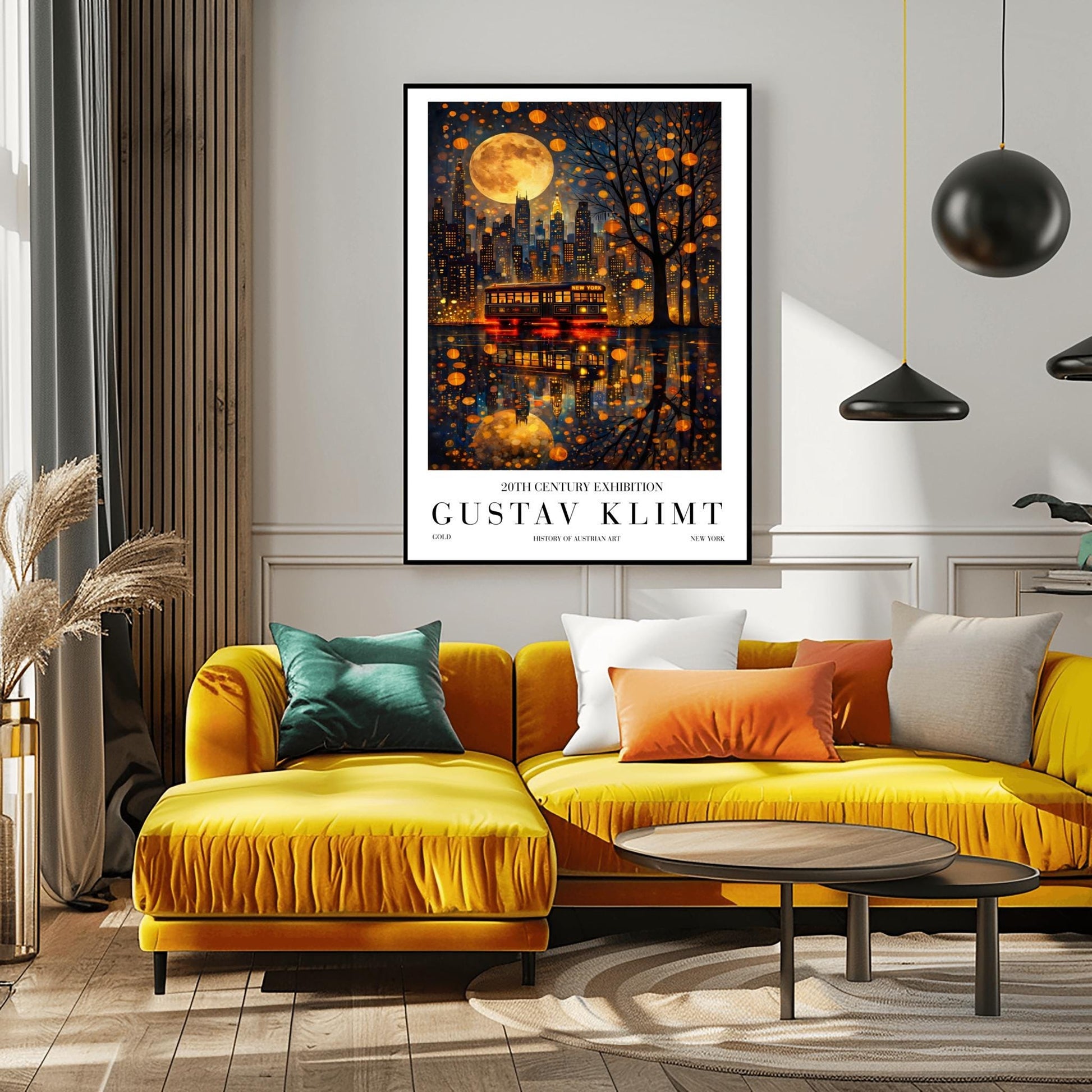 A vertical exhibition-style poster for a Gustav Klimt exhibit. The top half features the New York City skyline at night under a massive, patterned golden moon. A vintage trolley with "NEW YORK" on its sign sits on a wet street, reflecting the city lights and the moon in a shimmering gold mosaic pattern. A silhouetted tree on the right is filled with glowing golden lanterns. The bottom features bold text reading "GUSTAV KLIMT."