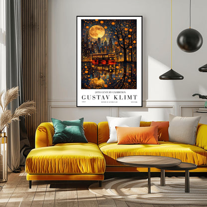 A vertical exhibition-style poster for a Gustav Klimt exhibit. The top half features the New York City skyline at night under a massive, patterned golden moon. A vintage trolley with "NEW YORK" on its sign sits on a wet street, reflecting the city lights and the moon in a shimmering gold mosaic pattern. A silhouetted tree on the right is filled with glowing golden lanterns. The bottom features bold text reading "GUSTAV KLIMT."