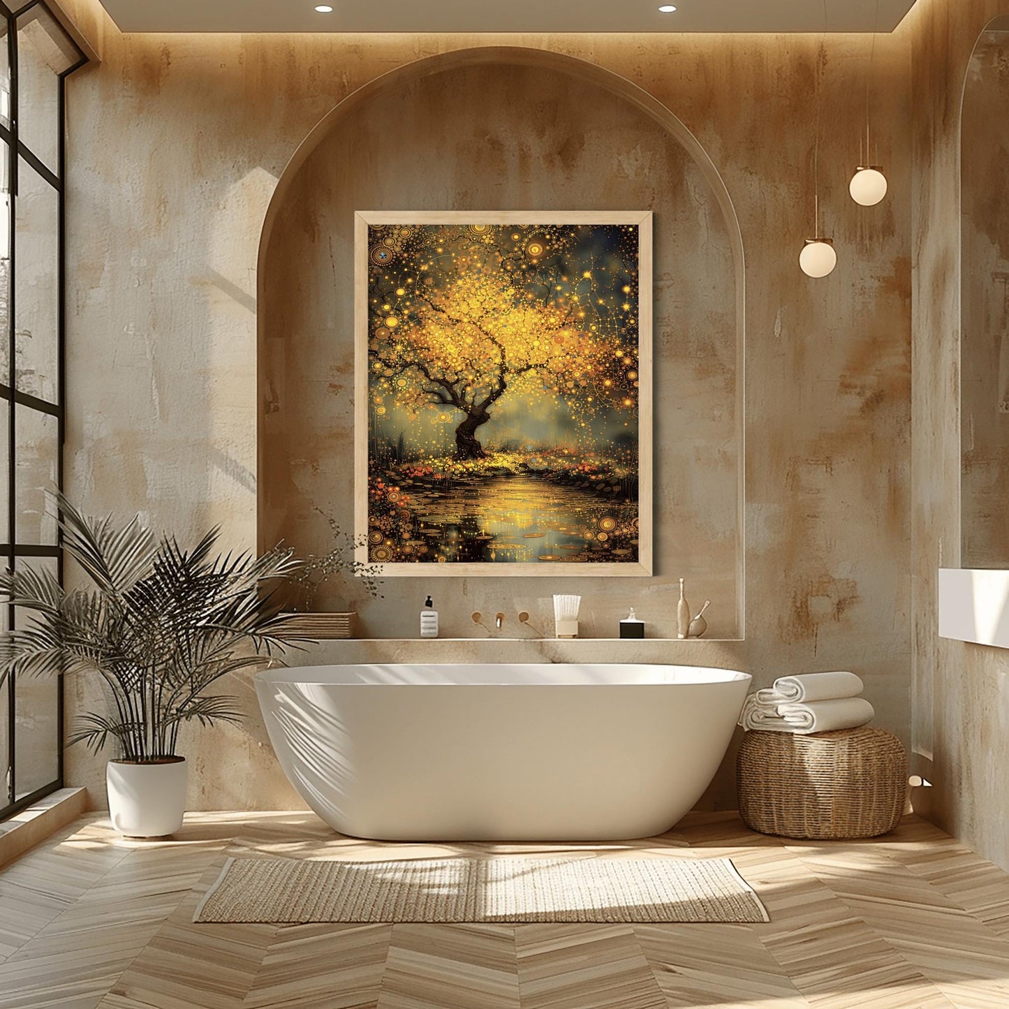 A vertical, highly detailed painting in the style of Gustav Klimt. A large tree with a dark, twisted trunk stands beside a dark pond. The tree's branches are a dense explosion of golden circular patterns, spirals, and mosaic-like flowers. The pond below reflects the golden light and is dotted with glowing lily pads. The background is a moody, textured grey-green. The entire scene is rich with golden textures and intricate geometric details.