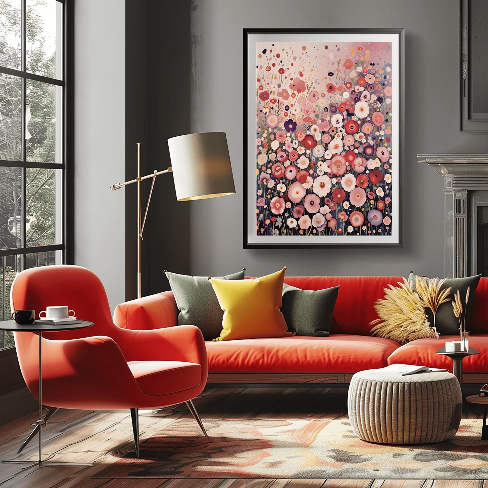 a modern living room with a large, vibrant floral painting hanging on the wall above a red sofa. The room is furnished with a red armchair, a round coffee table, and a side table with a lamp. The overall color scheme and arrangement of the furniture create a cozy and inviting atmosphere.