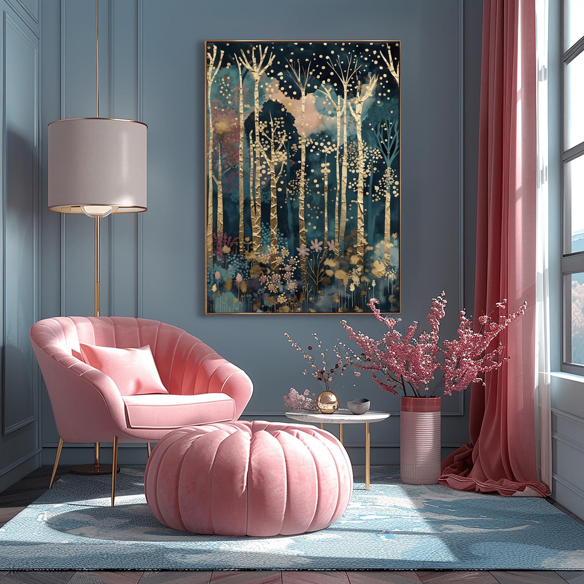 A vertical fine art painting in the style of Gustav Klimt. Tall, slender birch trees with heavy gold-leaf textures and dark geometric patterns rise against a dark teal and navy midnight sky. The sky is filled with floating golden orbs and stardust. At the bottom, a delicate layer of pink and blue stylized flowers grows among the roots. The overall mood is quiet, luxurious, and magical.