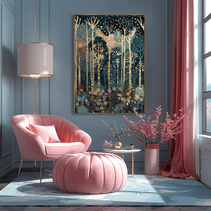 A vertical fine art painting in the style of Gustav Klimt. Tall, slender birch trees with heavy gold-leaf textures and dark geometric patterns rise against a dark teal and navy midnight sky. The sky is filled with floating golden orbs and stardust. At the bottom, a delicate layer of pink and blue stylized flowers grows among the roots. The overall mood is quiet, luxurious, and magical.