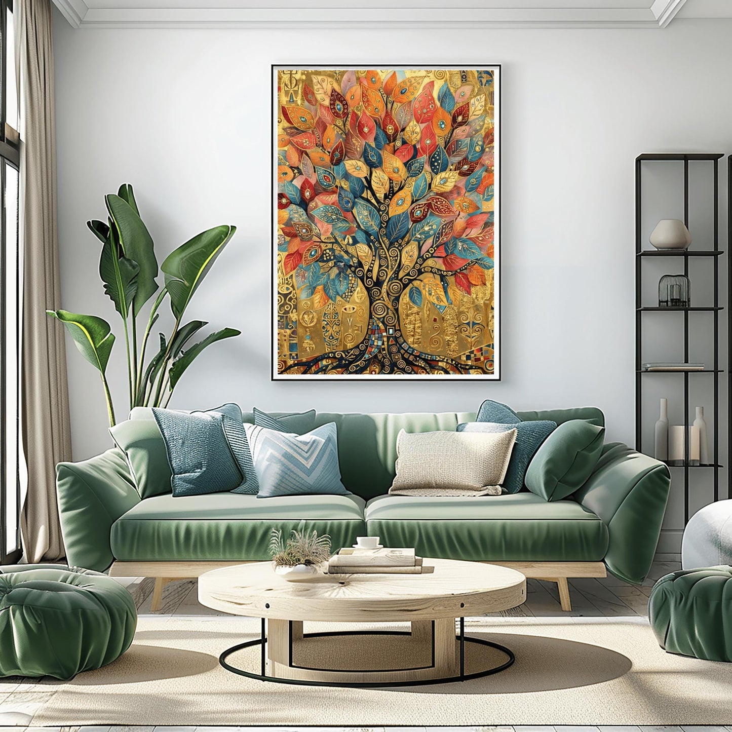 A vertical fine art print in the style of Gustav Klimt. A large tree with a dark mosaic trunk and golden swirling branches is centered on a textured gold background. The leaves are large, teardrop-shaped jewels in shades of red, orange, and blue. The background is filled with ornate golden symbols and spirals.