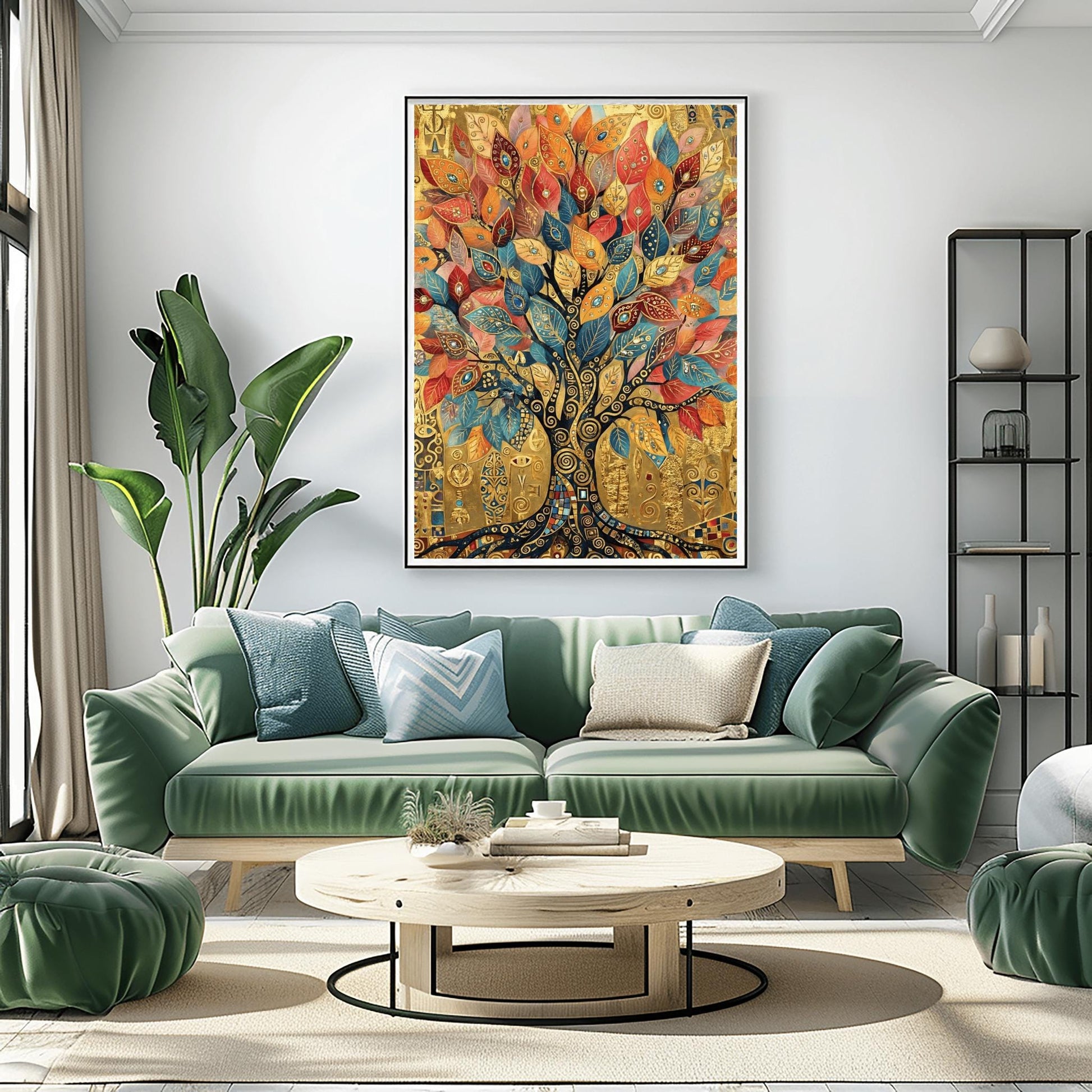 A vertical fine art print in the style of Gustav Klimt. A large tree with a dark mosaic trunk and golden swirling branches is centered on a textured gold background. The leaves are large, teardrop-shaped jewels in shades of red, orange, and blue. The background is filled with ornate golden symbols and spirals.
