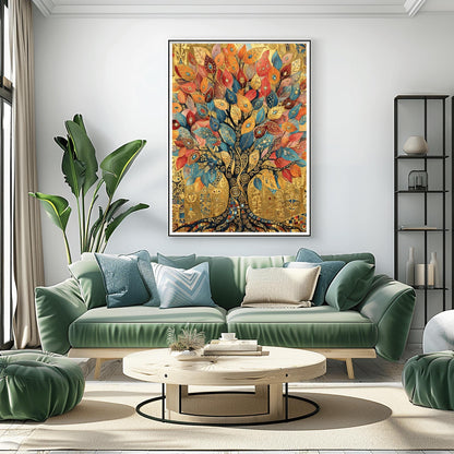 A vertical fine art print in the style of Gustav Klimt. A large tree with a dark mosaic trunk and golden swirling branches is centered on a textured gold background. The leaves are large, teardrop-shaped jewels in shades of red, orange, and blue. The background is filled with ornate golden symbols and spirals.