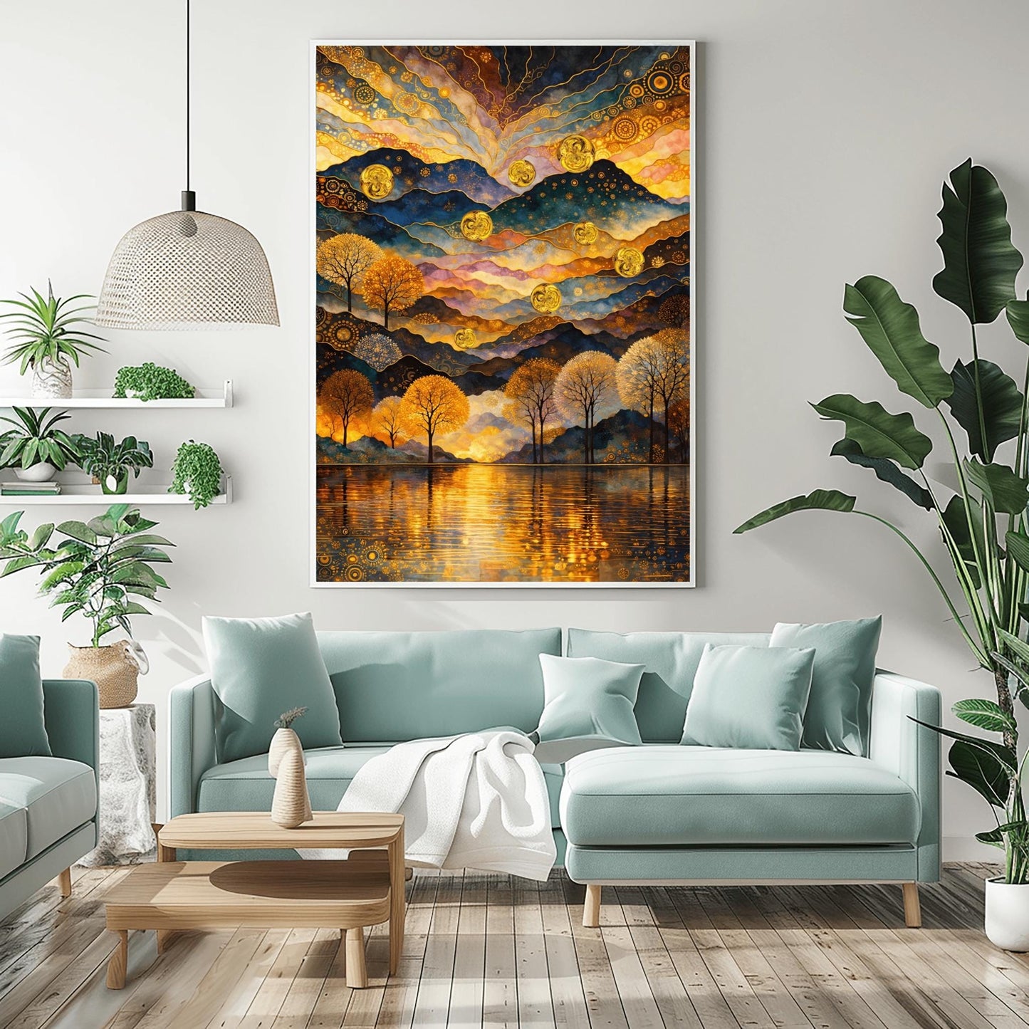 A vertical fine art print in the style of Gustav Klimt. A mountain range is made of rhythmic, undulating layers of blue, purple, and gold with mosaic patterns. Seven large golden spheres float in the air. The sky features swirling golden clouds and stars. In the foreground, a line of golden trees stands before a lake reflecting golden light.