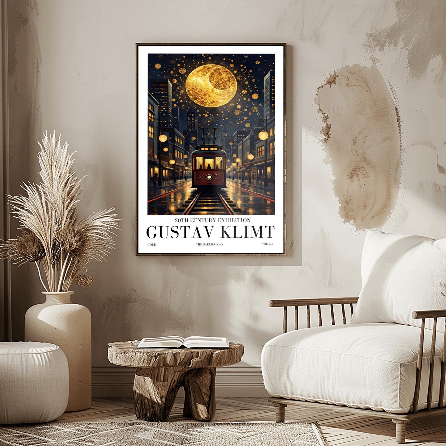 A vertical museum exhibition poster in the style of Gustav Klimt. A vintage-style red and brown streetcar sits on tracks in a Tokyo street at night, flanked by modern buildings. A massive golden moon with mosaic patterns fills the top of a dark sky crowded with golden spirals. Bold black text at the bottom reads "GUSTAV KLIMT" and "THE SAKURA KISS."