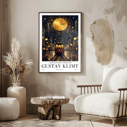 A vertical museum exhibition poster in the style of Gustav Klimt. A vintage-style red and brown streetcar sits on tracks in a Tokyo street at night, flanked by modern buildings. A massive golden moon with mosaic patterns fills the top of a dark sky crowded with golden spirals. Bold black text at the bottom reads "GUSTAV KLIMT" and "THE SAKURA KISS."