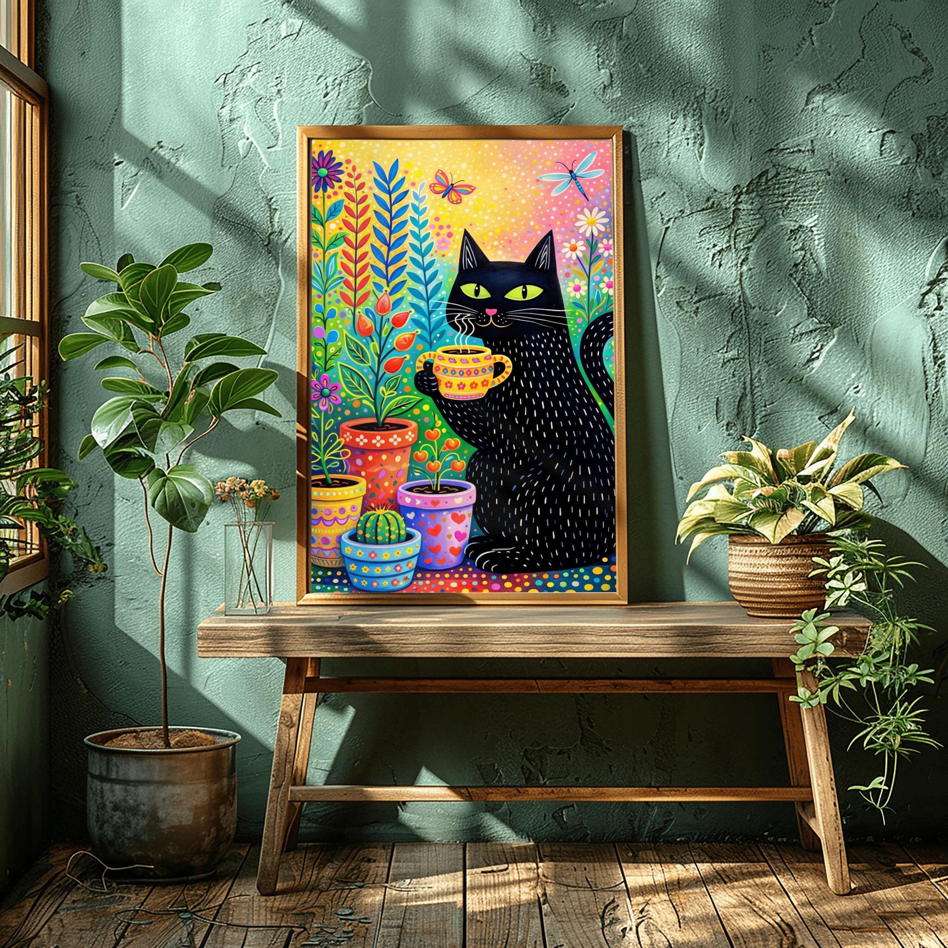 A vertical, colorful folk-art illustration of a black cat with green eyes holding a steaming yellow patterned mug. The cat has small white dashed lines for fur and is sitting next to several decorated flower pots containing a cactus and various colorful plants. A butterfly and a dragonfly fly in the upper portion of the image. The background is a bright, speckled gradient of yellow, pink, and orange.