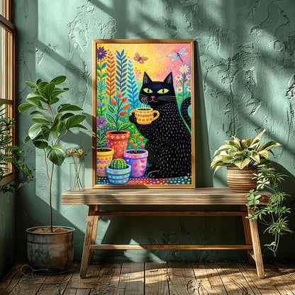 A vertical, colorful folk-art illustration of a black cat with green eyes holding a steaming yellow patterned mug. The cat has small white dashed lines for fur and is sitting next to several decorated flower pots containing a cactus and various colorful plants. A butterfly and a dragonfly fly in the upper portion of the image. The background is a bright, speckled gradient of yellow, pink, and orange.