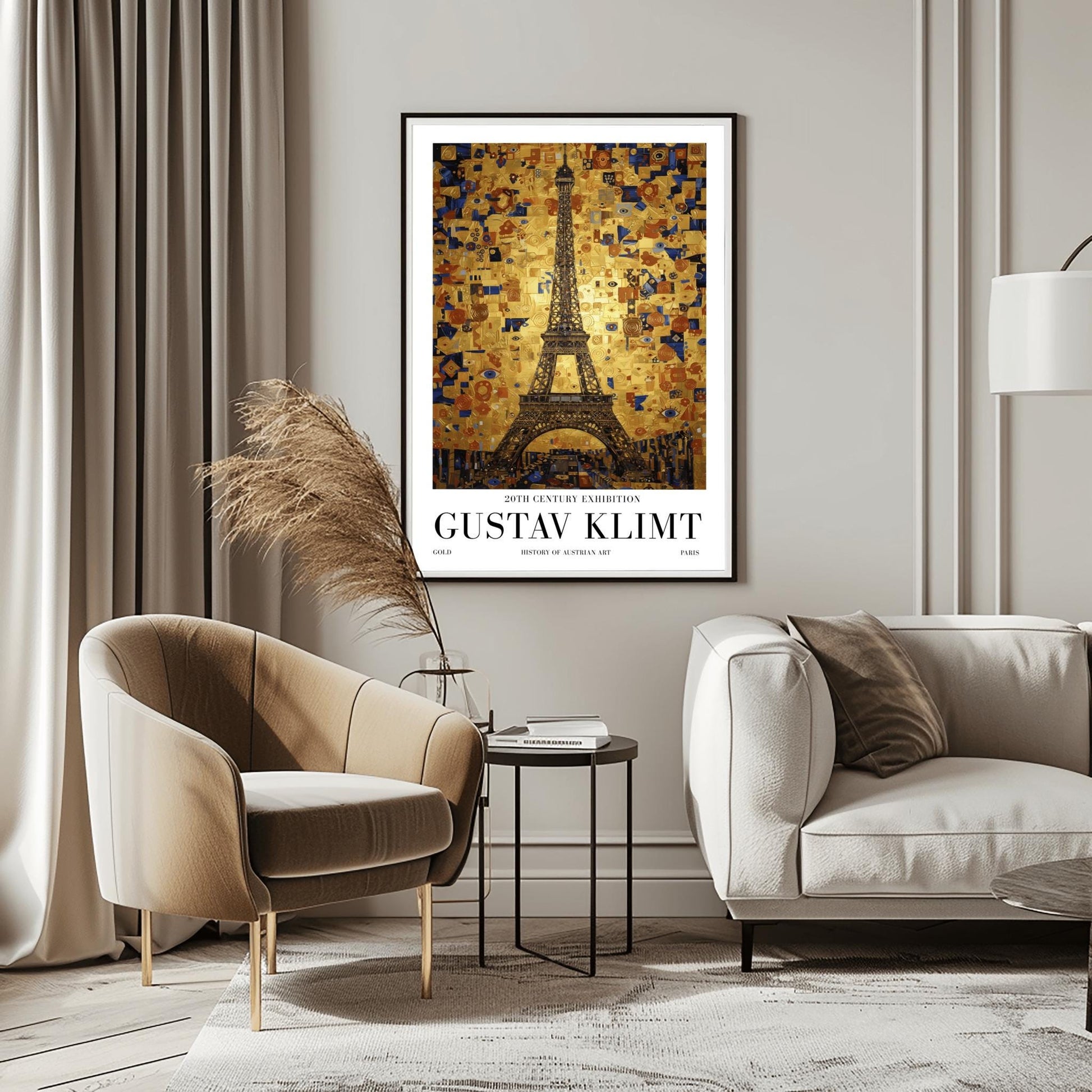 A vertical museum exhibition poster in the style of Gustav Klimt. The Eiffel Tower in Paris is rendered in a dark structural style against a sky made of a dense golden mosaic of squares, tiles, and blue "eye" symbols. Bold black text at the bottom reads "GUSTAV KLIMT" and "PARIS."
