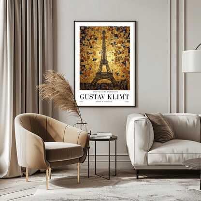 A vertical museum exhibition poster in the style of Gustav Klimt. The Eiffel Tower in Paris is rendered in a dark structural style against a sky made of a dense golden mosaic of squares, tiles, and blue "eye" symbols. Bold black text at the bottom reads "GUSTAV KLIMT" and "PARIS."