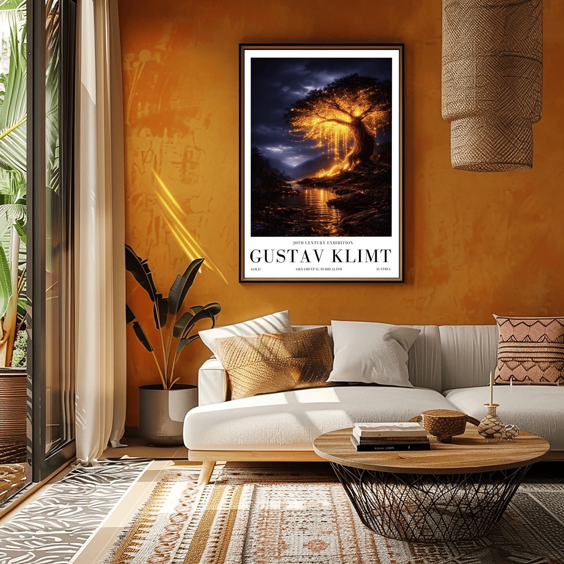 A vertical full-bleed illustration of a large weeping willow tree glowing with golden light in a stormy mountain valley. The tree stands by a dark river reflecting its gold light. The background features dark, rainy mountains and a moody indigo sky in the style of Gustav Klimt.