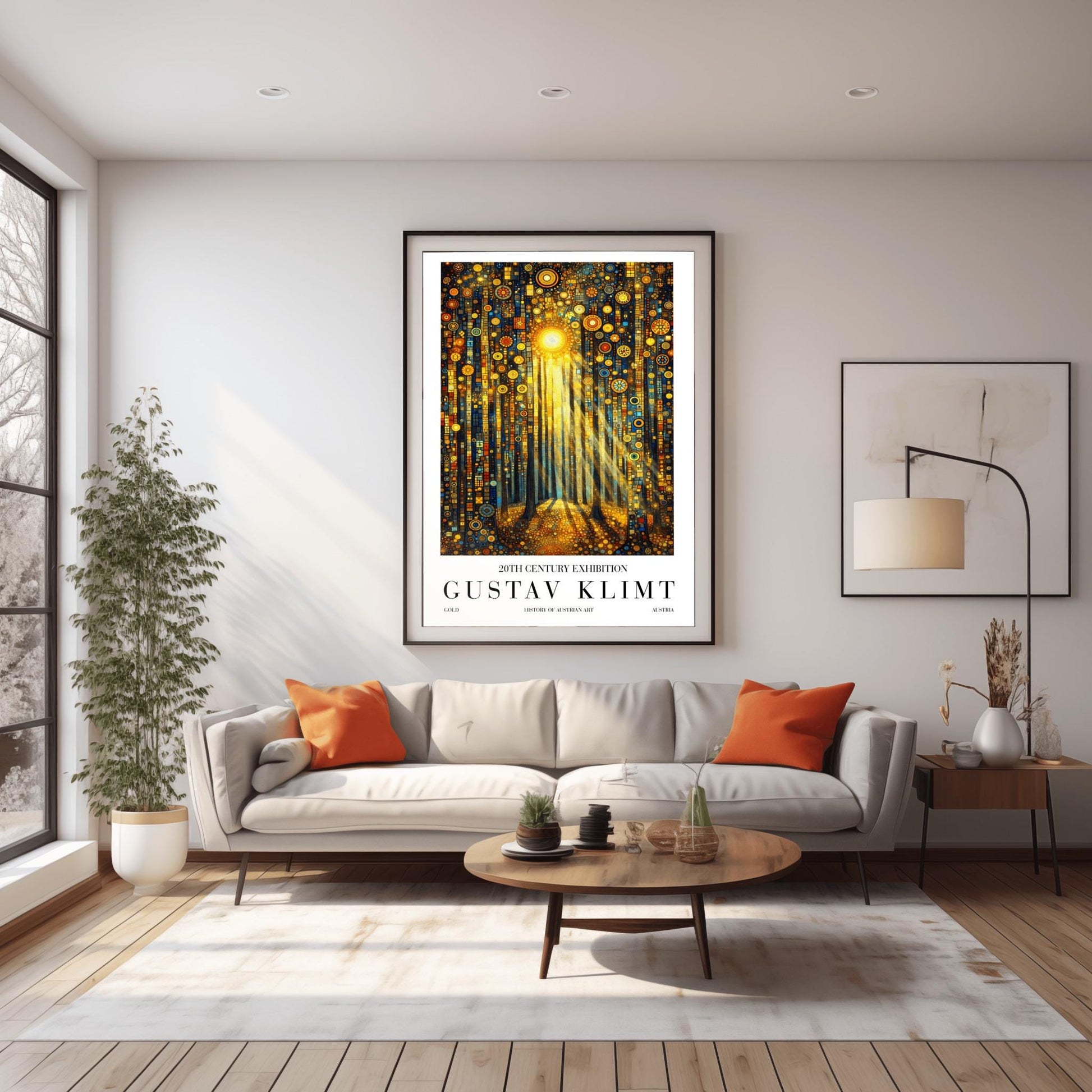 A vertical museum exhibition poster in the style of Gustav Klimt. Dark, slender tree trunks stand in a forest where the sky and ground are made of dense gold and blue mosaic circles. A bright sun in the upper center casts long, sharp pillars of light down to the forest floor. Bold black text at the bottom reads "GUSTAV KLIMT" and "HISTORY OF AUSTRIAN ART."
