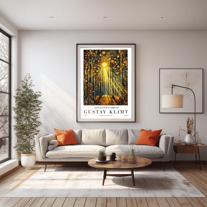 A vertical museum exhibition poster in the style of Gustav Klimt. Dark, slender tree trunks stand in a forest where the sky and ground are made of dense gold and blue mosaic circles. A bright sun in the upper center casts long, sharp pillars of light down to the forest floor. Bold black text at the bottom reads "GUSTAV KLIMT" and "HISTORY OF AUSTRIAN ART."