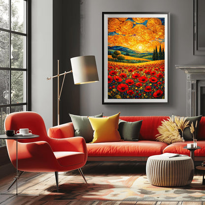 A vertical fine art print in the style of Gustav Klimt. A foreground of vibrant red poppies leads to rolling blue and green hills with cypress trees. The sky is filled with large, shimmering golden spirals and a bright sun, created in a mosaic style.