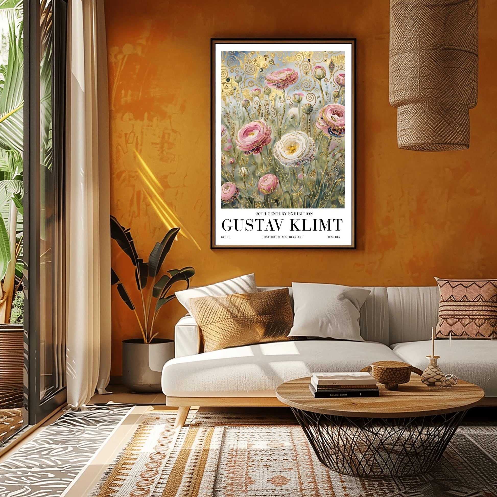 A vertical museum exhibition poster in the style of Gustav Klimt. Large pink and white roses with golden edges grow in a field. The background is filled with ornate gold leaf spirals and geometric patterns against a soft light-blue sky. Bold black text at the bottom reads "GUSTAV KLIMT" and "BOTANICAL EXCELLENCE."